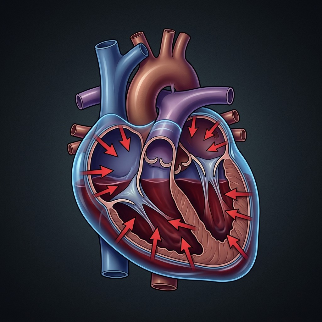 Anatomical medical diagram of cardiac tamponade demonstrating fluid accumulation inside the pericardial sac squeezing the chambers of the heart