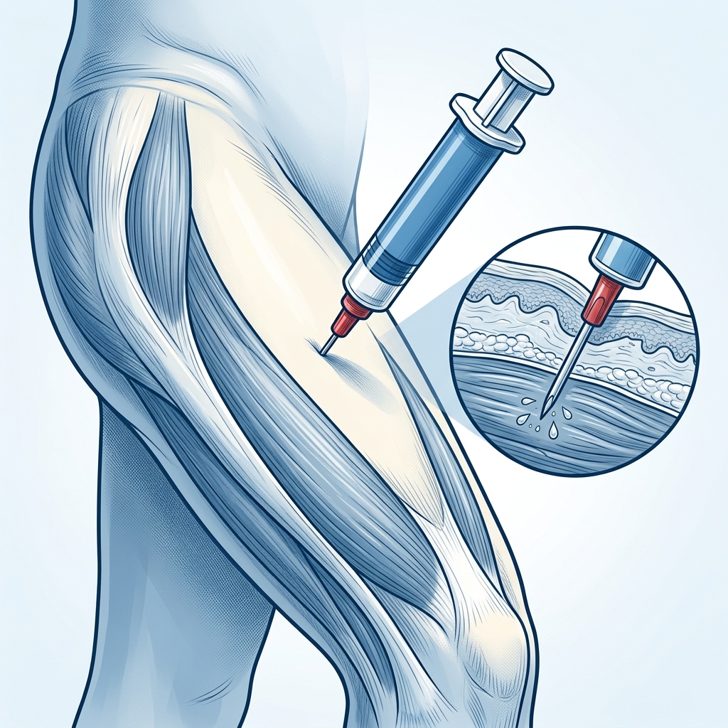 Medical illustration showing the correct administration route and site for an epinephrine auto-injector on the lateral thigh