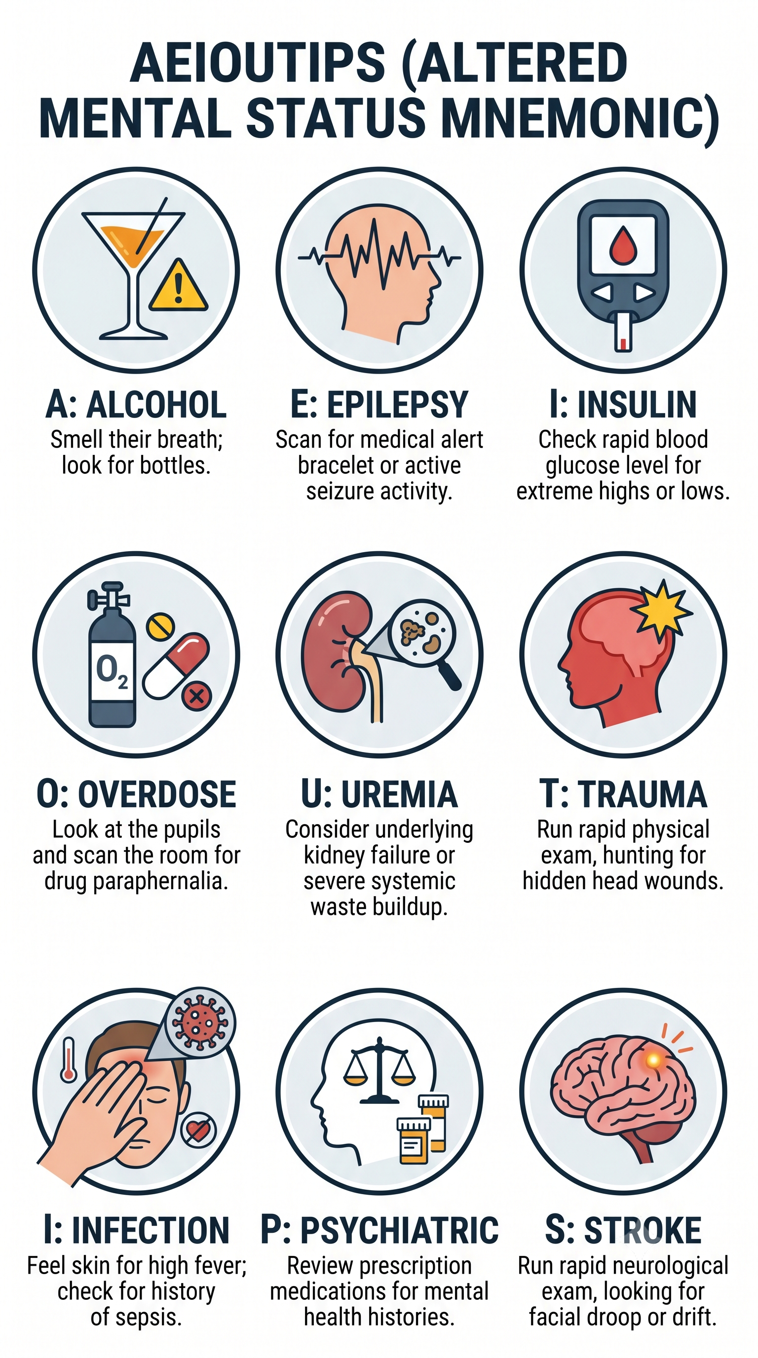 AEIOU-TIPS altered mental status infographic showing Alcohol, Epilepsy, Insulin, Overdose, Uremia, Trauma, Infection, Psychiatric, and Stroke