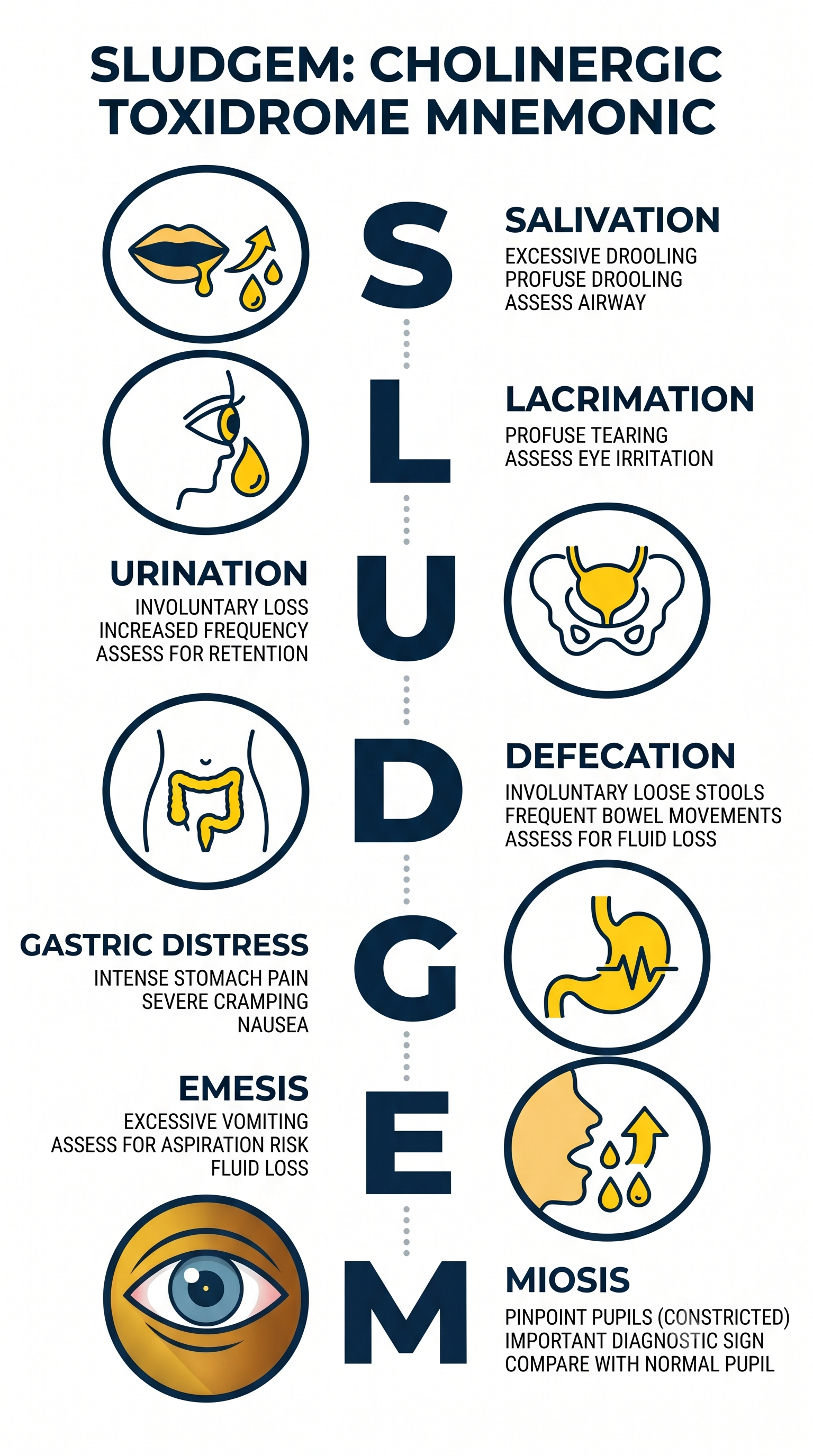 SLUDGEM toxidrome infographic showing Salivation, Lacrimation, Urination, Defecation, Gastrointestinal distress, Emesis, and Miosis