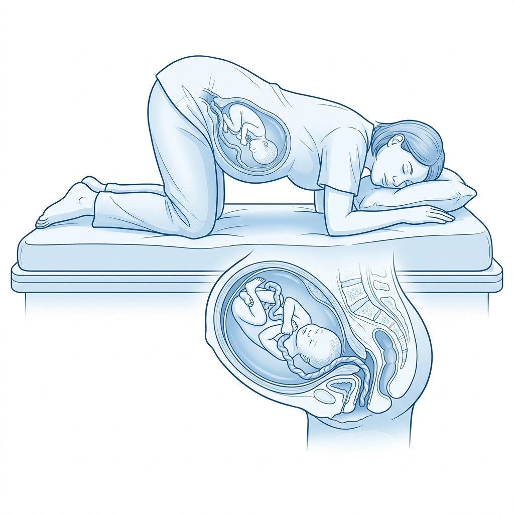 Clinical diagram showing proper patient positioning to manage a prolapsed umbilical cord