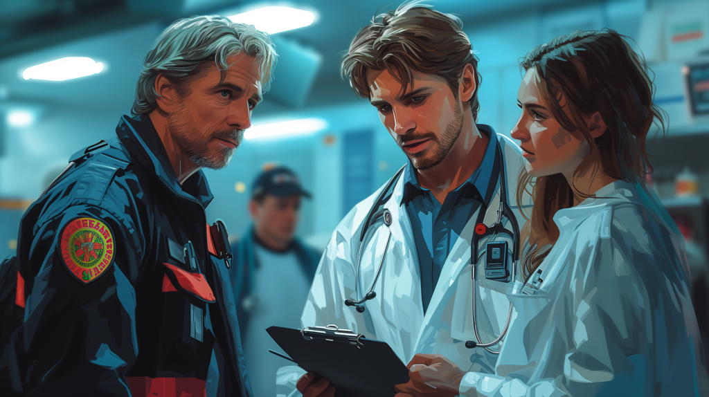 EMS crew giving patient report to ER doctors