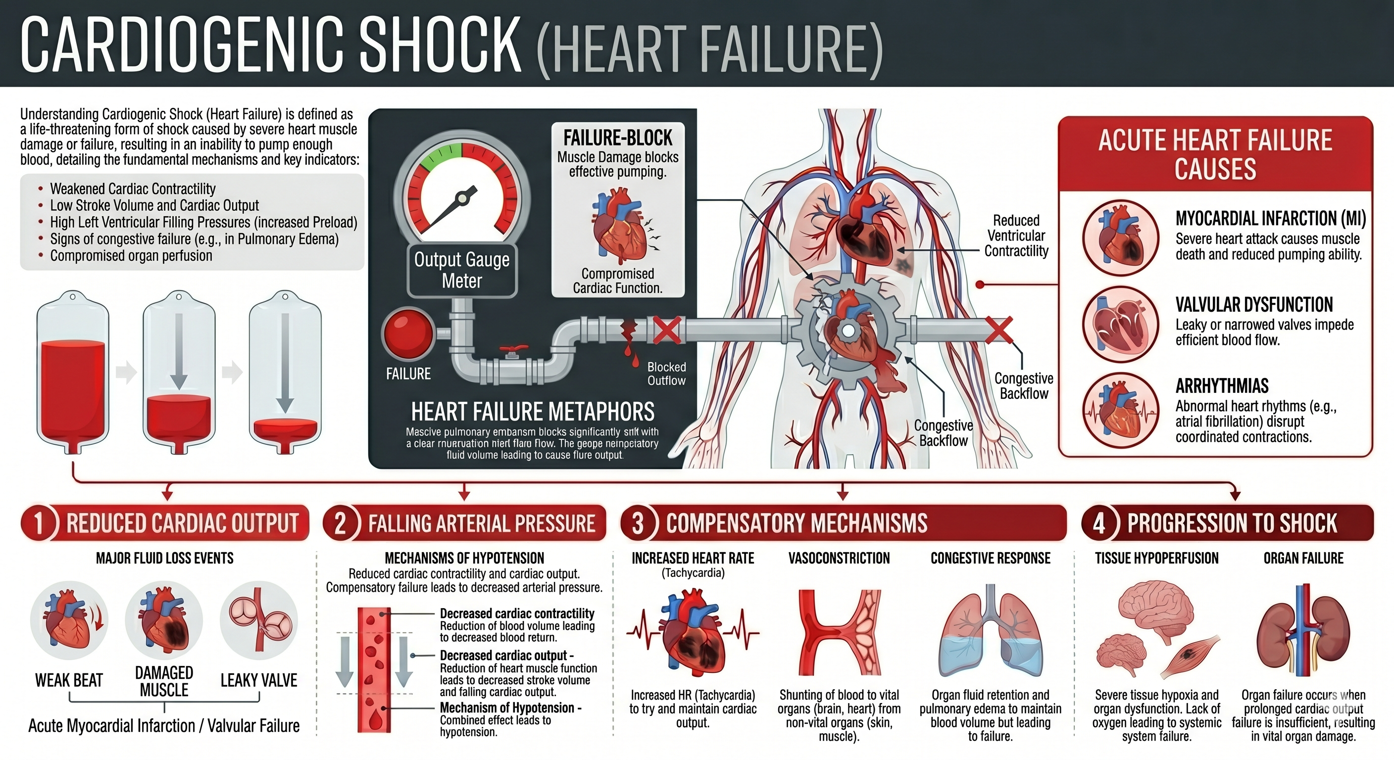 Diagram illustrating cardiogenic shock — heart pump failure causing inadequate systemic perfusion