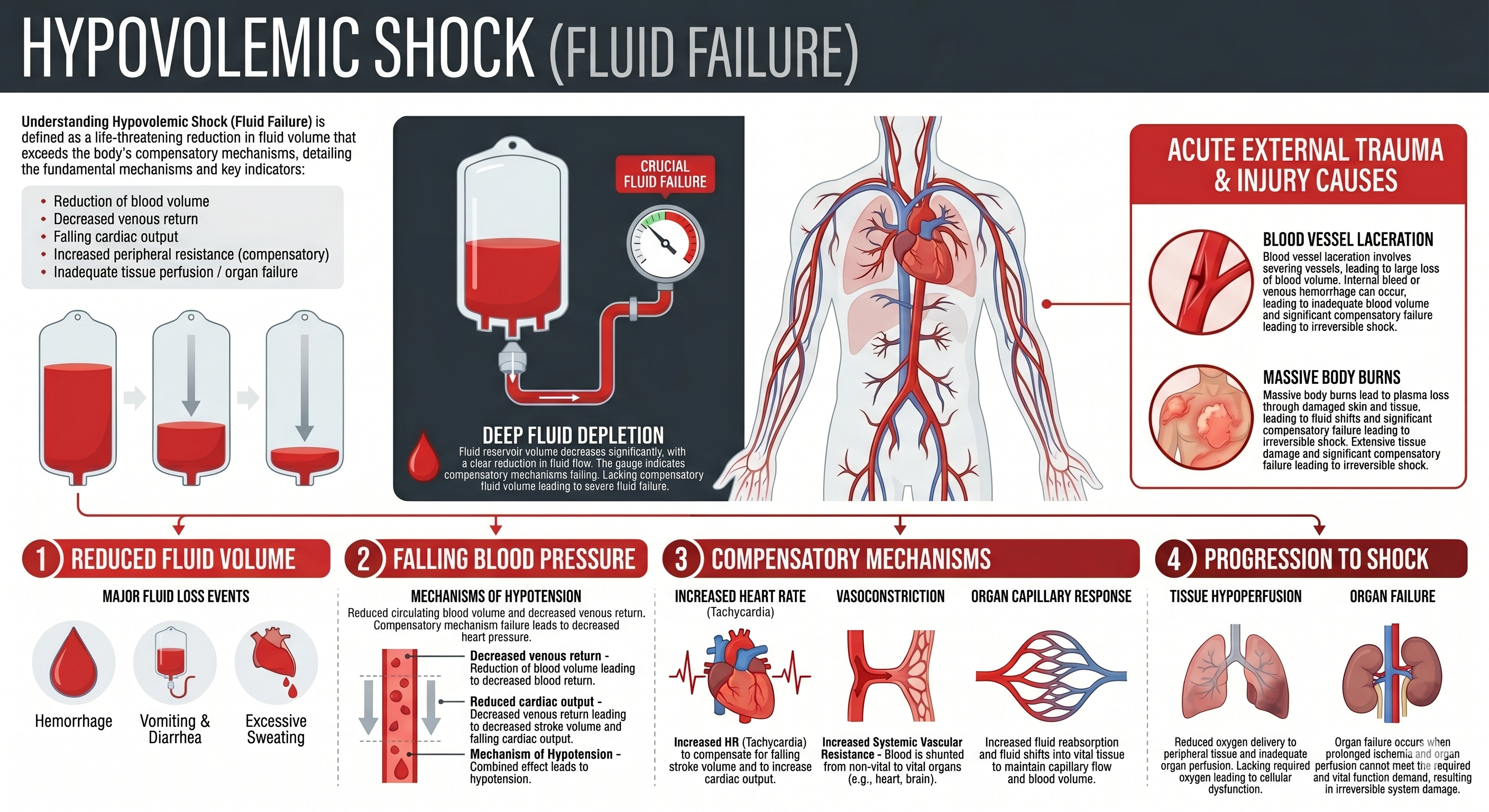 Diagram illustrating hypovolemic shock — insufficient fluid volume causing cardiovascular decompensation