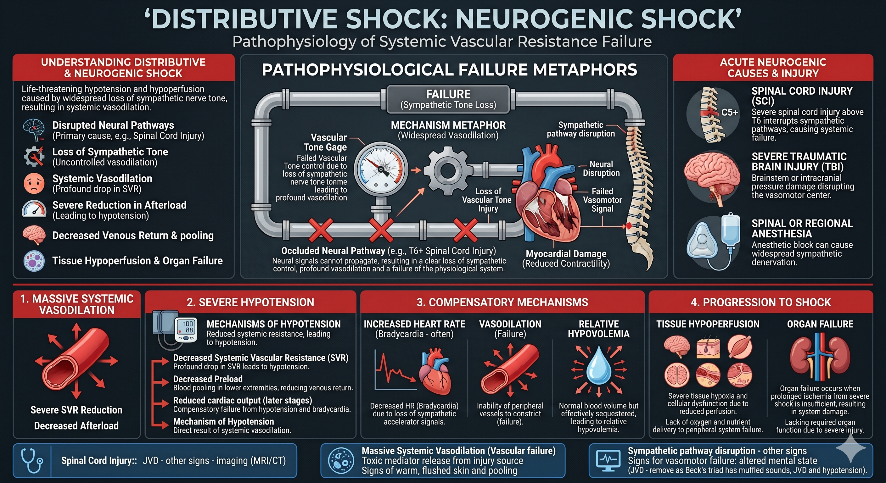 Diagram illustrating distributive or neurogenic shock — widespread vasodilation causing relative hypovolemia