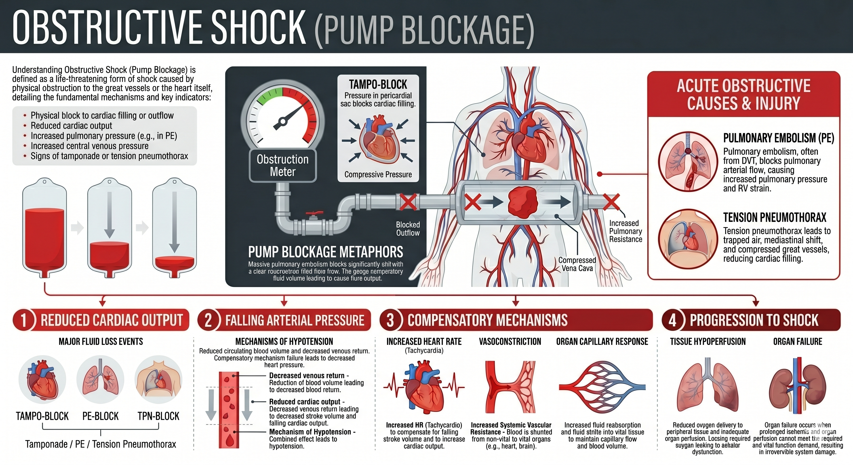 Diagram illustrating obstructive shock — a physical blockage such as a tension pneumothorax preventing normal blood circulation